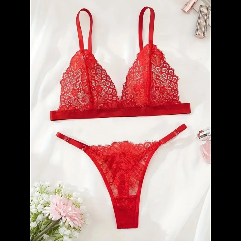 Red, Floral Lace, Lingerie Set